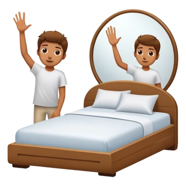 A person stands beside their bed, rolling out groggily with determination. The bed behind them is neatly made, a mirror in front of them shows them high-fiving their reflection. A glowing sunrise outside signals the start of a productive day. sticker