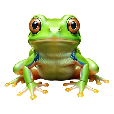 Cinematic Cute Green Tree Frog Portrait Emoji, Head tilted playfully and inquisitively, featuring a charmingly compact form with vivid green, slightly textured skin, prominent sticky toe pads, and round, sparkling eyes full of playful wonder, Simplified yet irresistibly adorable features, highly detailed, glowing with a warm, inviting jungle glow, high shine, affectionate and lively, stylized with a touch of tropical whimsy, soft glowing outline, capturing the essence of a mischievous yet loving frog that seems as if it could hop out of the screen into your arms! sticker
