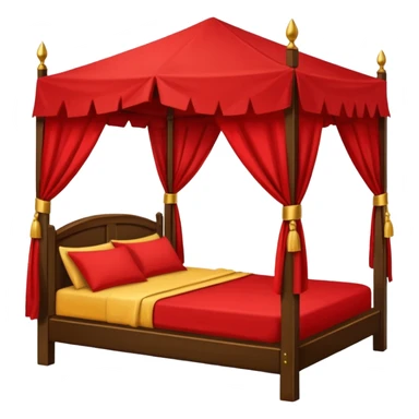 bed with red and gold sheets, wooden, canopy, simple, dark, no-tent sticker