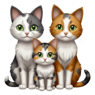 3 different coloured small cats including a dark grey and white, and a patchy calico with hazel eyes and a completely solid dark grey with green eyes and only white paws sticker