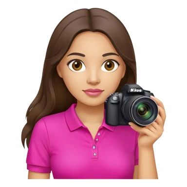 white latin woman with long brunette hair hot pink polo shirt and nikon camera sticker