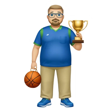 full body white obese male basketball coach with trophy. Goatee , Wearing glasses and blue and green polio and khaki pants sticker