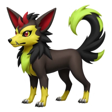 Hyper realistic skeletal black and neon green and neon yellow Poochyena-Lycanroc-Zorua-Litten-Houndoom-Fakémon-Pokémon-Digimon-hybrid-fusion (full body) with a skull face sticker