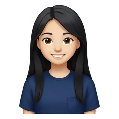 a young teenage girl with light tan skin, she smiling but not showing her teeth, she has a  REALLY REALLY long blackhair, a REALLY-STRAIGHT hair, dark brown eyes, dark navy colored oversized short-sleeved shirt.  sticker