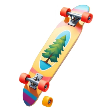 An icon featuring a colorful skateboard resting on a smooth pavement. The background shows a sunny park with trees, a clear sky, and a lively atmosphere. The skateboard's deck is decorated with vibrant designs, emphasizing its dynamic style. Transparent background  sticker