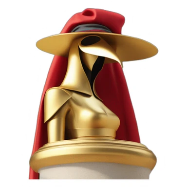 distant view of an abstract renaissance color sculpture of a female figure with a red plague doctor mask on her face standing on a golden greek ancient style column, 4K resolution sticker