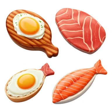 Four separate protein icons: a golden glowing chicken breast, a red meat steak, a smaller salmon fillet, and an egg, each with a subtle DNA strand behind it and muscle fiber pattern around the edges sticker
