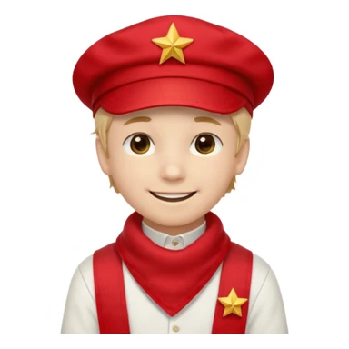 A Soviet pioneer emoji — smiling young boy wearing a bright red tie (pioneer neckerchief) and a red pilotka cap with a small gold star badge. White shirt, neat and cheerful, minimal flat emoji style, simple colors, clear outlines, professional emoji design. sticker