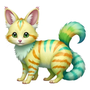  cute adorable yellow-green-turquoise-gradients albino fur with random colorful iridescent rainbow markings beautiful elegant pretty precious cute  Fakémon-Pokémon-opossum-feline-serval-caracal-chinchilla-Minccino-hybrid-creature with a big fluffy bushy striped tail (full body) sticker