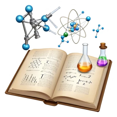 Icon for Scientific and Educational Reading: an open book with mathematical and physical formulas on the pages, with molecules and atoms flying out. On the desk are test tubes, flasks, and a microscope. Transparent background. sticker