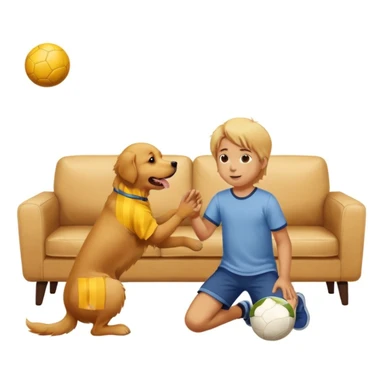 kid and dog playing with ball, living room background sticker