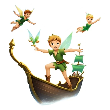 An icon representing an adventure game, inspired by whimsical fantasy. The design features Peter Pan soaring through the sky with Tinker Bell beside him, leaving a shimmering trail of pixie dust. Below, Neverland’s lush jungles and pirate ships create a backdrop of magic, adventure, and endless youth. Transparent background. sticker