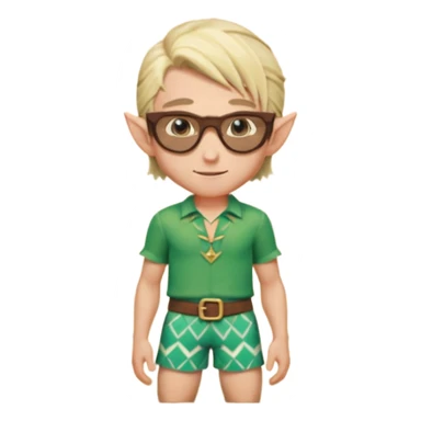 elf male legolas portrait, patterned board shorts (geometric/abstract), unique wooden-framed sunglasses, undercut hairstyle, slight smirk, visible pointy ears, no background, centered emoji, hipster summer vibe sticker