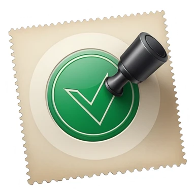 A stamp pressing down on a paper sheet, leaving a green circular mark with a check symbol inside, representing approval or verification. sticker