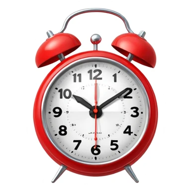 “Classic alarm clock emoji ⏰ in clean 3D style, smooth rounded clock body, bright red color, shiny metallic bells, ultra-glossy plastic texture, reflective surface, clear clock face with simple hands, soft studio lighting, subtle highlights, cute emoji proportions, ultra-polished 3D look,  sticker