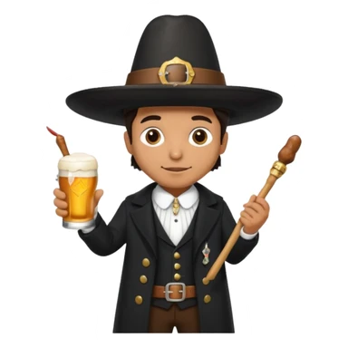 Mexican man dressesd as a Thanksgiving Pilgrim  holding a Turkey drumstick and a Corona beer sticker