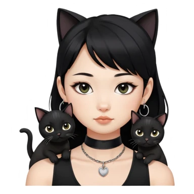 Asian girl, black hair.  Holding two BLACK cats with one cat has a round fat face. Both pure black.  The girl also wearing a black singlet, a black chocker, silver round hook earring, and wearing eyeliner.  sticker