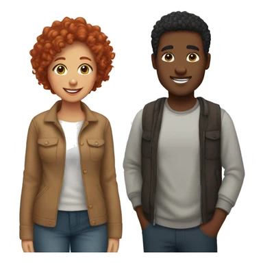 Create an emoji of a couple: a woman with curly red hair and a man with short straight black hair and dark brown skin. Both should be smiling warmly and standing close together, showing affection sticker