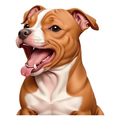 Cinematic Cute Yawning Red/Fawn Staffordshire Bull Terrier Portrait Emoji, Head tilted slightly with a dramatic, wide-open yawn, showcasing a smooth red/fawn Fur with crisp white accents, floppy ears slightly drooping, round dark eyes barely open in drowsy contentment, Simplified yet irresistibly adorable features, highly detailed, glowing with a soft, cozy glow, high shine, relaxed yet expressive, stylized with a touch of whimsy, bright and endearing, soft glowing outline, capturing the essence of a sleepy yet affectionate guardian, so drowsy it feels like it could stretch right out of the screen and curl up for a nap! sticker