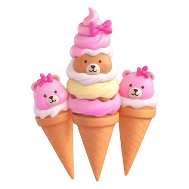 Cute ice cream cone with pink topping, bear and bear-face decorations, pastel stars, and a pink bow, shiny and glossy, in 3D iOS emoji style on a transparent background. sticker