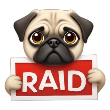 pug holding a sign that reads the word "raid" in red font sticker