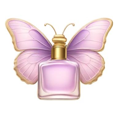  pastel pink butterfly resting on an elegant lavender perfume bottle with gold details. sticker