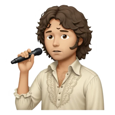 solarpunk realistic ultra HD - a thoughtful, messy, shaggy Jim Morrison in a ivory Victorian shirt, singing on stage sticker