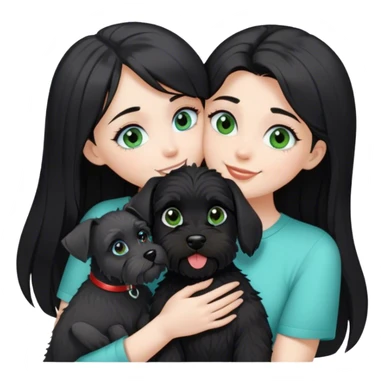 pale girl  with light green blue eyes and long black hair wearing black shirt kissing female schnauzer holding smiling black schnauzer  sticker