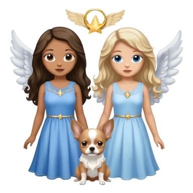 Three women as pretty angels with wings and isolated dresses, brown eyed light skin with dark blonde long hair and Brown eyed light skin black long wavy hair and blue eyed light skin long blonde hair with blue and tan Merle Frenchie black and tan chihuahua  sticker
