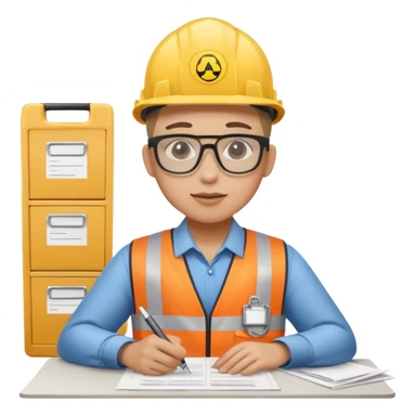 The occupational safety specialist is sitting at the paperwork sticker
