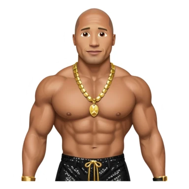 Dwayne Johnson with black sequin baggy pants, shirtless with necklace sticker