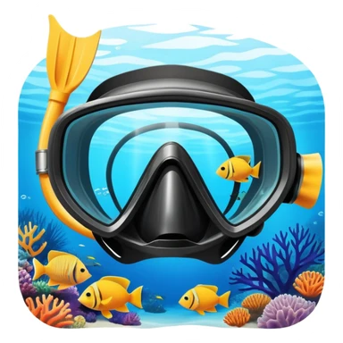 An icon featuring a close-up of a diving mask, snorkel, and fins floating on the surface of vibrant blue water. In the background, coral reefs and tropical fish create a lively underwater scene. Transparent background highlights the beauty and adventure of the diving experience. sticker