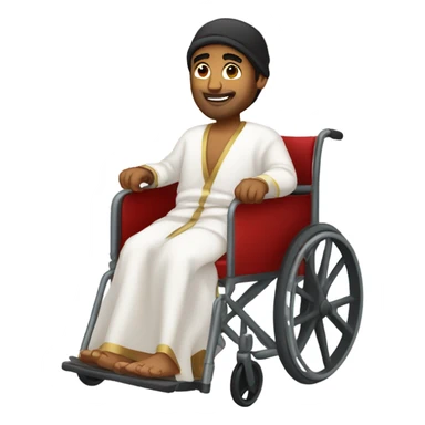 Indian guy in wheelchair with robe on and beenie sticker