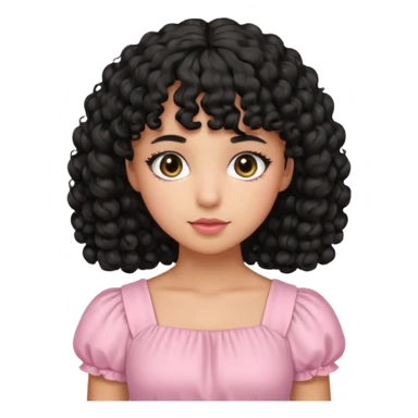 uma menina fofa de pele oliva e cabelos pretos encaracolados e com franja encaracolada e um vestido rosa pastel sticker