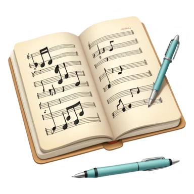 Create an emoji representing songwriting. The design should feature an open notebook or sheet music with visible lyrics and musical notes, symbolizing the process of writing song lyrics. A pen or pencil should be placed near the notebook, indicating active writing. Use a harmonious color palette with warm and neutral tones. Do not include any emojis or smiley faces. Make the background transparent. sticker