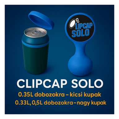 A kupakokat színezd át kékre. A CLIPCAP DUO felírat helyett CLIPCAP SOLO felírat legyen, a "kicsi és nagy kupak a csomagban" szöveg helyett "0.25L dobozokra - kicsi kupak" és a "0.33L,0.5L dobozokra - nagy kupak" külön sorban. sticker