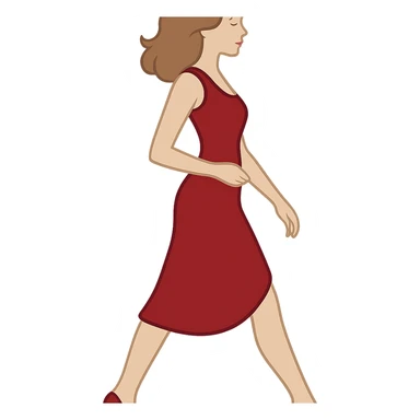 Create an image of the girl from the first reference (https://attic.sh/1730fsuvp96t05lhz4ccxqooc8bx) with the exact pose from the sketch in the second reference (https://attic.sh/3xt2nuuseuyn2zphhymm7ujswlel). Maintain the same appearance, hairstyle, red dress, and shoes style and color. The pose should have both legs almost level, left leg slightly forward, right leg slightly back, both slightly bent; left arm down, right arm bent. The background should be transparent. Ensure the entire figure is fully in frame without cropping any body parts. sticker