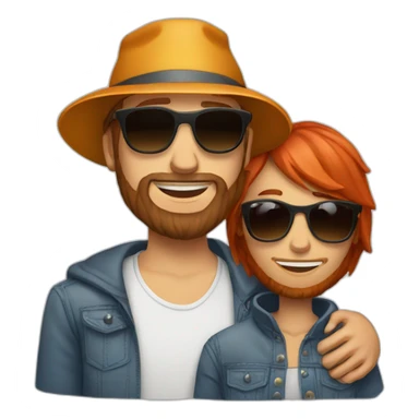 red haired man with beard wearing bucket hat and sunglasses hugging another person sticker