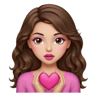 girl with long wavy brown hair, brown eyes, long lashes makeup, sexy pink lips, light to medium complexion, wearing a pink sexy top, sexy , puckering, blushing, kissing a heart sexy sticker