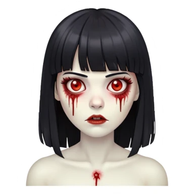 Mulher zumbi com cabelo preto liso e com franja e olhos vermelhos  sticker
