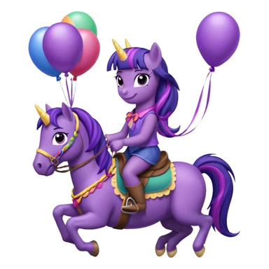 twillight sparkle mlp holding colorful balloons tied to its saddle, looking cheerful. sticker