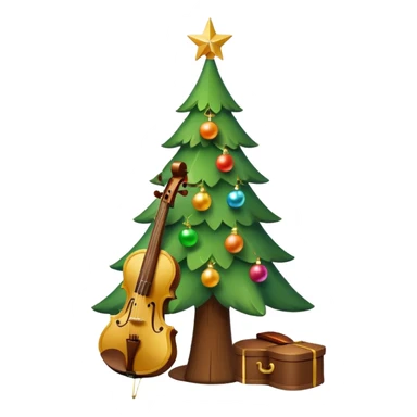 A cute, minimal emoji-style Christmas tree with a bright green triangular shape, decorated with a simple glowing light garland and round colorful baubles, a wooden violin replacing the trunk, and a small playful monkey sitting at the very top carefully placing a golden Christmas star sticker