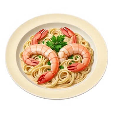create a Whole Shrimp Linguini Camera angle: slightly elevated top-down view with a gentle bird’s-eye perspective (about 15–20°), identical perspective and scaled do not add anything on plate

 sticker