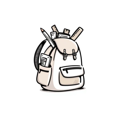 a backpack with pockets, zippers, and straps, containing school supplies like notebooks, pencils, and rulers peeking out, in pastel colors dd9fb0, ffc6d3, a3bfc9, c4bee2, f1b091, detailed hand-drawn doodle style sticker