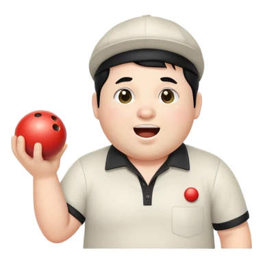A white chubby man with black hair a cap who likes bowling singing, video games and sushi sticker