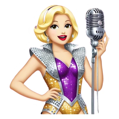 Create a glamorous and vibrant emoji representing stage vocal performance. The design should feature a humanless collage of classic vintage microphone, stage costume covered in rhinestones, large scene speakers, scene lights. The costume should be stylized, with glittering elements like sequins and sparkles, and reflect the glitzy, extravagant nature of show business. The microphone should have a sleek, retro look with chrome or metallic accents. Use rich, dazzling colors like gold, silver, deep purple, and bright red to evoke the glamorous, larger-than-life feel of a stage performance. The background should be transparent. sticker