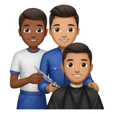 Barber cutting teenage boys hair. Show the boy sat in black barber chair and both having smiles on their faces. Both have dark hair sticker