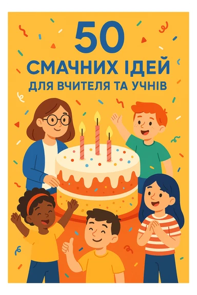 Cover of a guidebook with Ukrainian text: '50 смачних ідей для вчителя та учнів'. Modern style, central illustration of a large cake surrounded by children and a teacher, festive design, modern typography. sticker