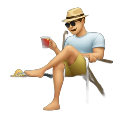 Hombre sentado tomando mate en una silla al borde de la playa sticker