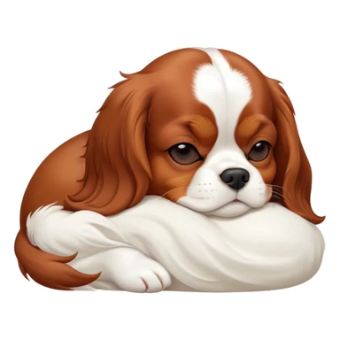 Cinematic cute Sleeping Cavalier King Charles Spaniel Portrait Emoji, cute and serene, with a round, endearing build and a plush, silky coat of rich chestnut and white, eyes gently closed in peaceful slumber, Simplified yet irresistibly endearing features, highly detailed, glowing with a gentle, dreamy glow, high shine, relaxed and content, stylized with a touch of whimsy, bright and heartwarming, soft glowing outline, capturing the essence of a blissfully sleepy companion, so comically serene it feels like it could roll out of the screen and snore with adorable charm! sticker